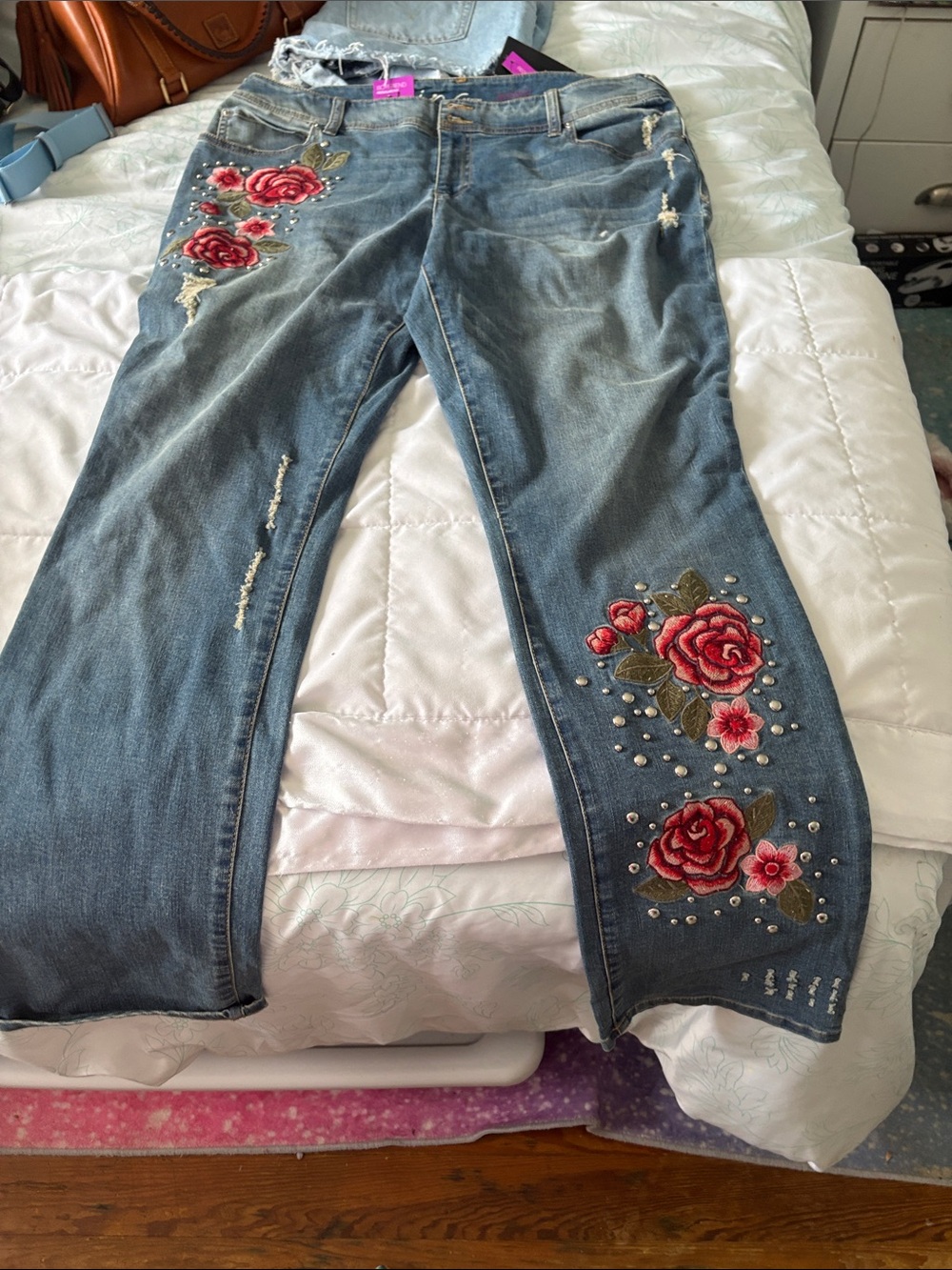 INC International Concepts Blue Jeans with Red Rose Embroidery